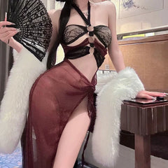 Lingerie Seductive Perspective Backless Sleeveless Exotic Style Ancient Style Lingerie Hanging Neck Mesh Dress