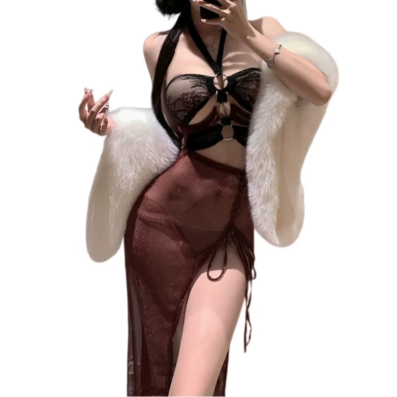 Lingerie Seductive Perspective Backless Sleeveless Exotic Style Ancient Style Lingerie Hanging Neck Mesh Dress