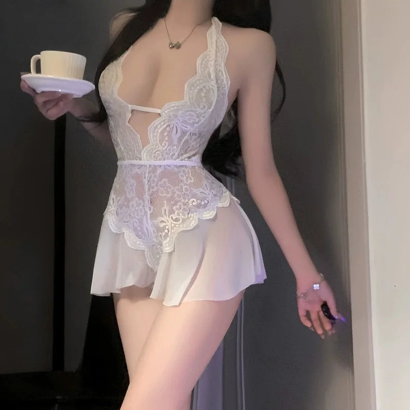 Lingerie Seductive Perspective Backless Sleeveless Lace Uniform Seducing Open Slit Jumpsuit Seducing Lingerie