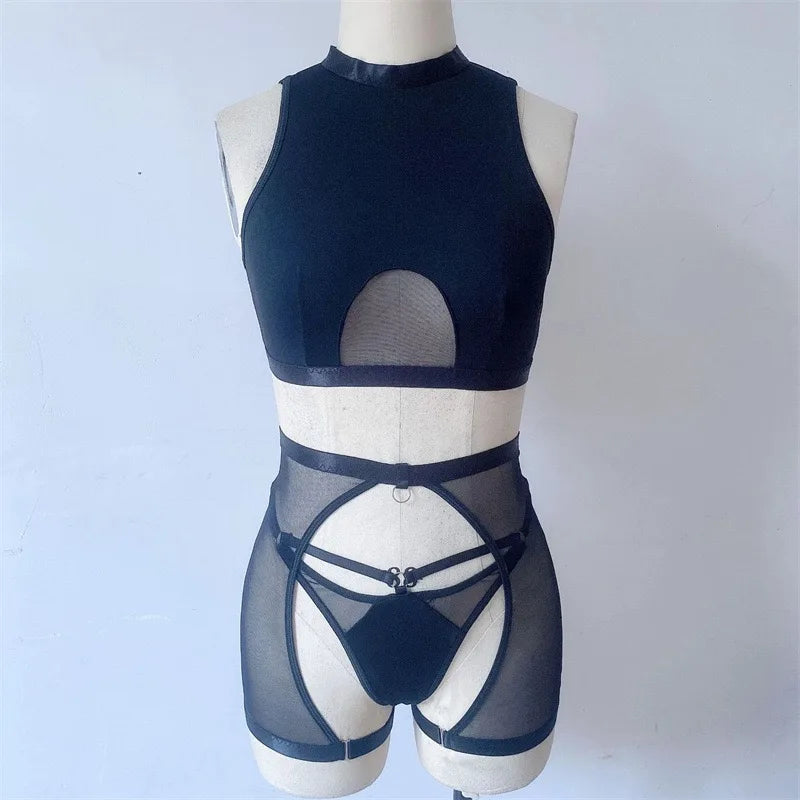 Lingerie Set 3 Pieces Vest Seamless Underwear Belt Set Thong Black Exotic Sets