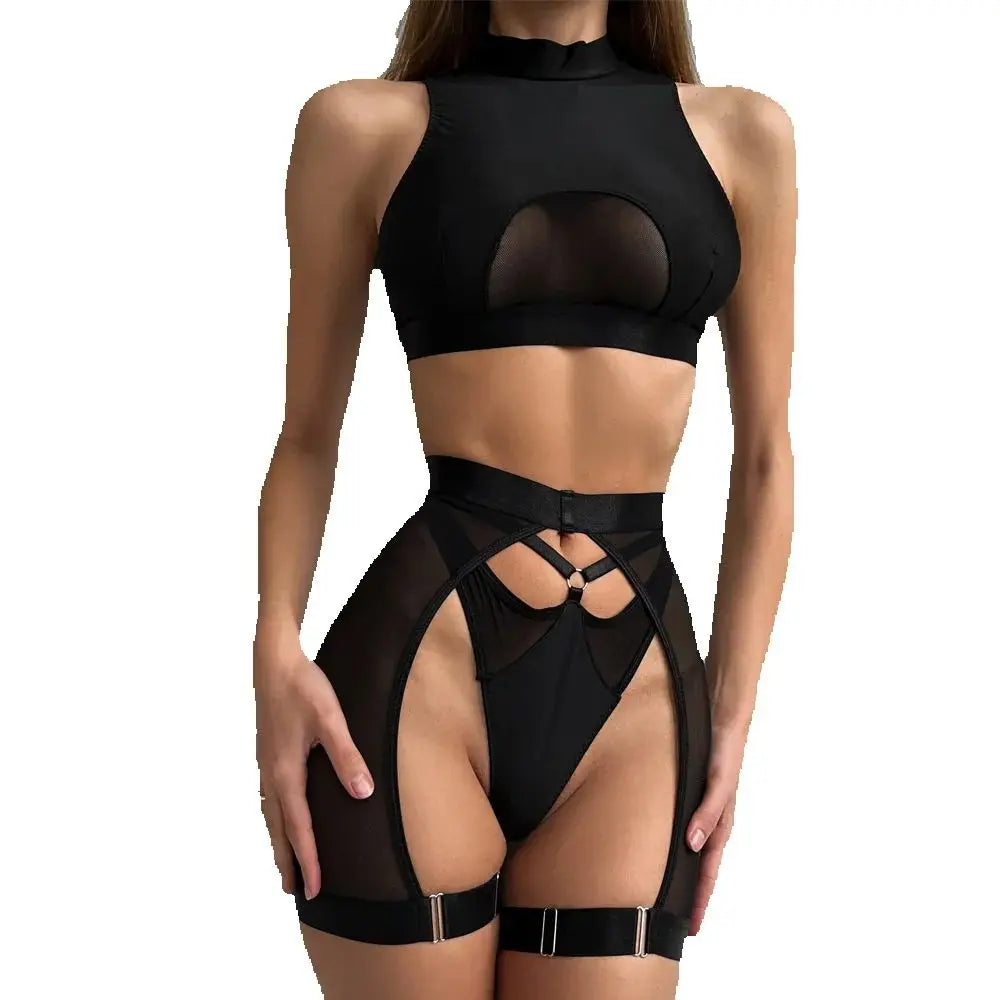 Lingerie Set 3 Pieces Vest Seamless Underwear Belt Set Thong Black Exotic Sets