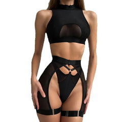 Lingerie Set 3 Pieces Vest Seamless Underwear Belt Set Thong Black Exotic Sets