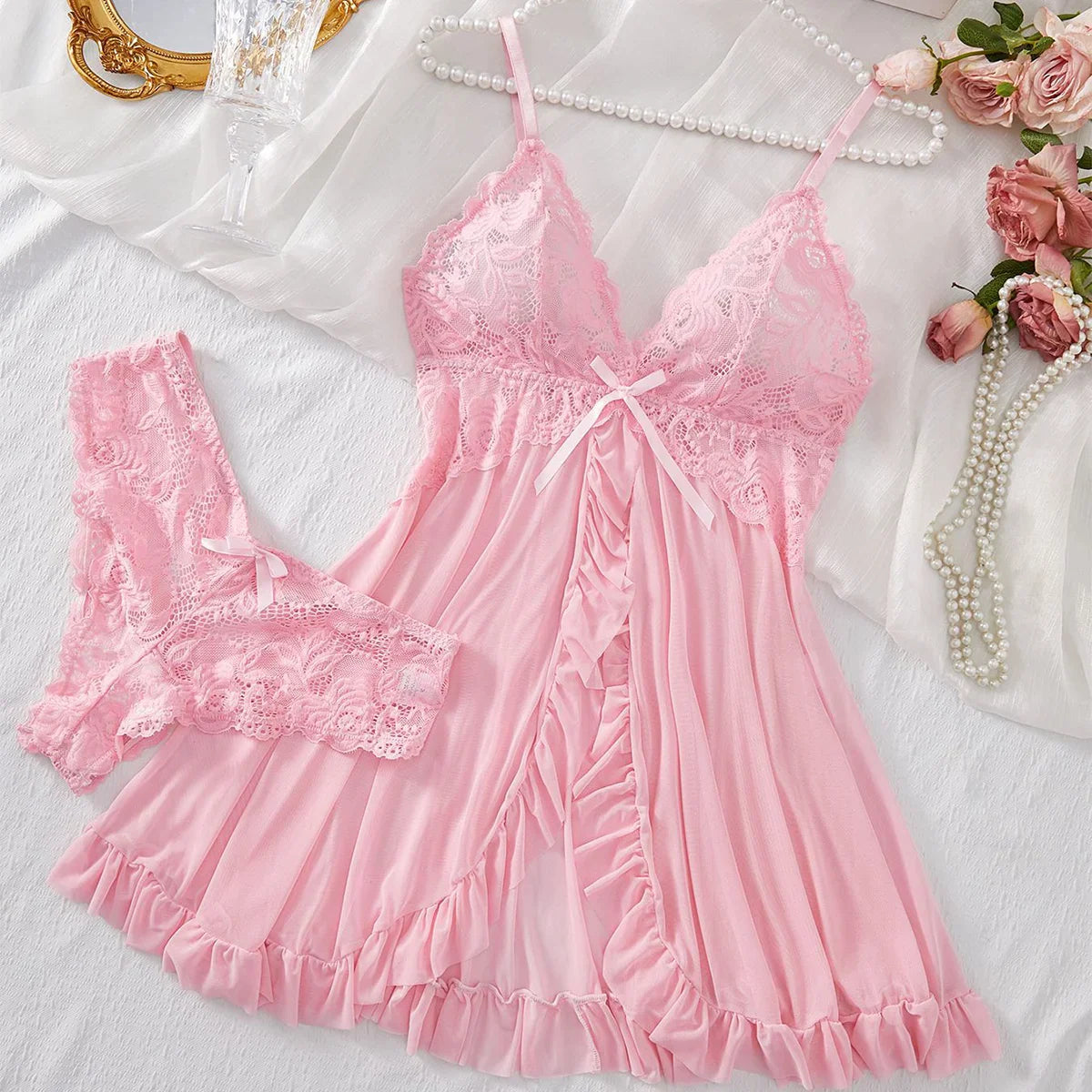Lingerie Set Erotic Bra Nightdress Lace Solid Slim Soft Dresses V Neck Full Slip & Dresses