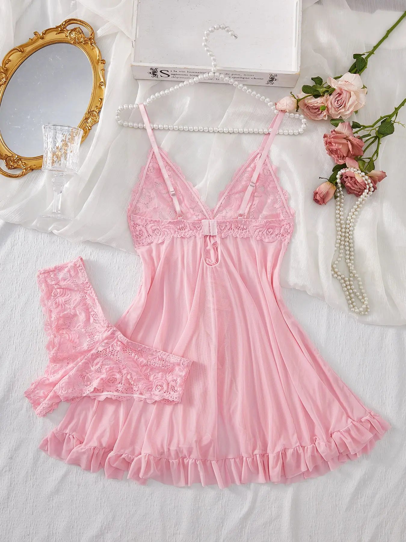 Lingerie Set Erotic Bra Nightdress Lace Solid Slim Soft Dresses V Neck Full Slip & Dresses