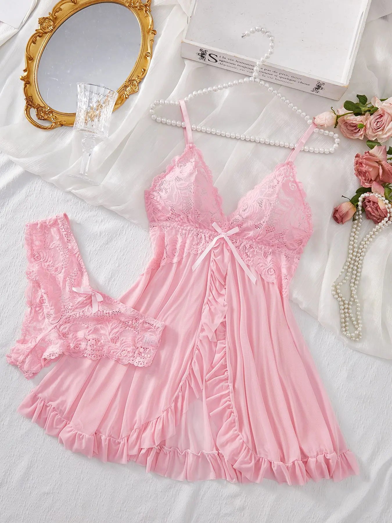 Lingerie Set Erotic Bra Nightdress Lace Solid Slim Soft Dresses V Neck Full Slip & Dresses