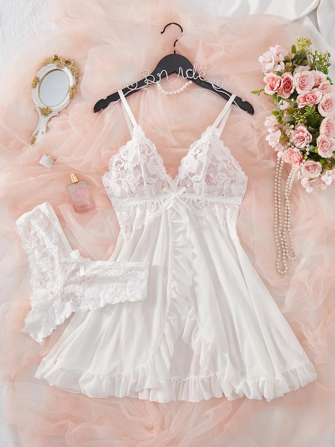 Lingerie Set Erotic Bra Nightdress Lace Solid Slim Soft Dresses V Neck Full Slip & Dresses