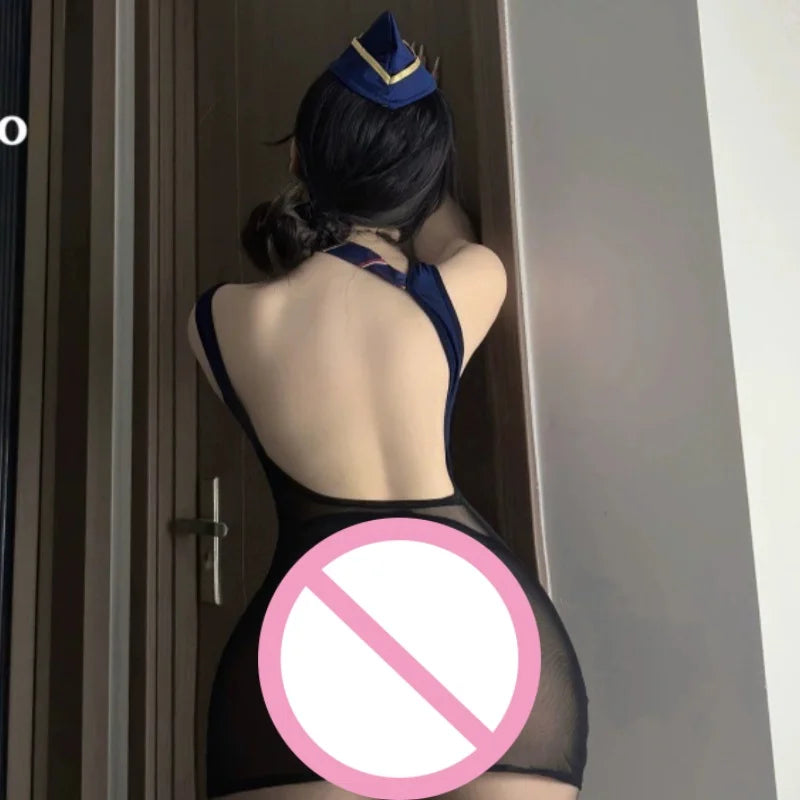 Provocative Flight Attendant COS Uniform See-through Hip-hugging Skirt Lingerie See-through Style Captain's Outfit