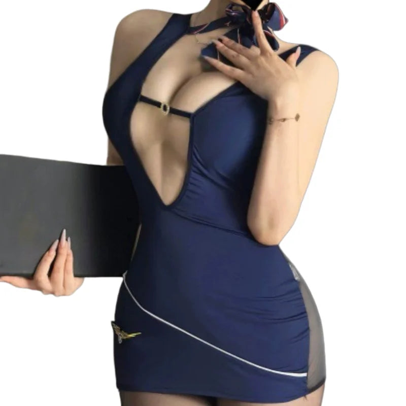 Provocative Flight Attendant COS Uniform See-through Hip-hugging Skirt Lingerie See-through Style Captain's Outfit