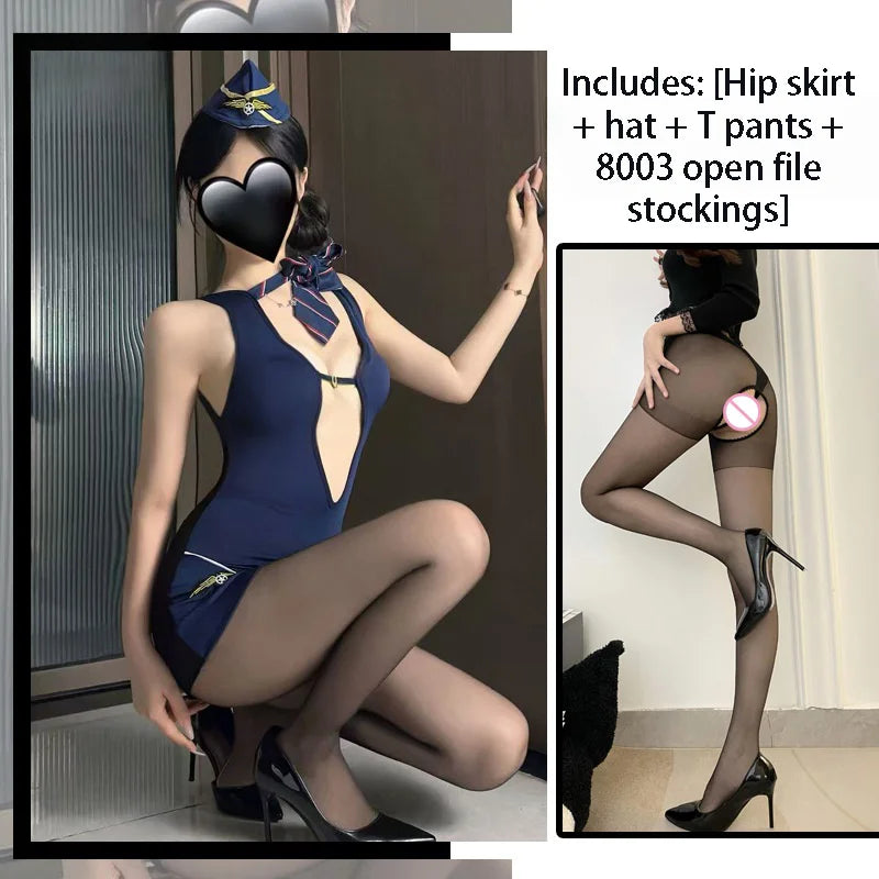 Provocative Flight Attendant COS Uniform See-through Hip-hugging Skirt Lingerie See-through Style Captain's Outfit