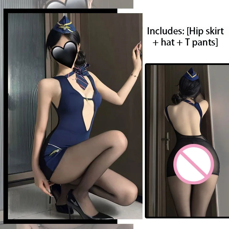 Provocative Flight Attendant COS Uniform See-through Hip-hugging Skirt Lingerie See-through Style Captain's Outfit