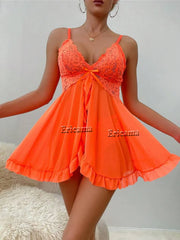 Solid Slip Nightdress Contrast Lace Round Neck Backless Sleep Mini Dress & Dresses