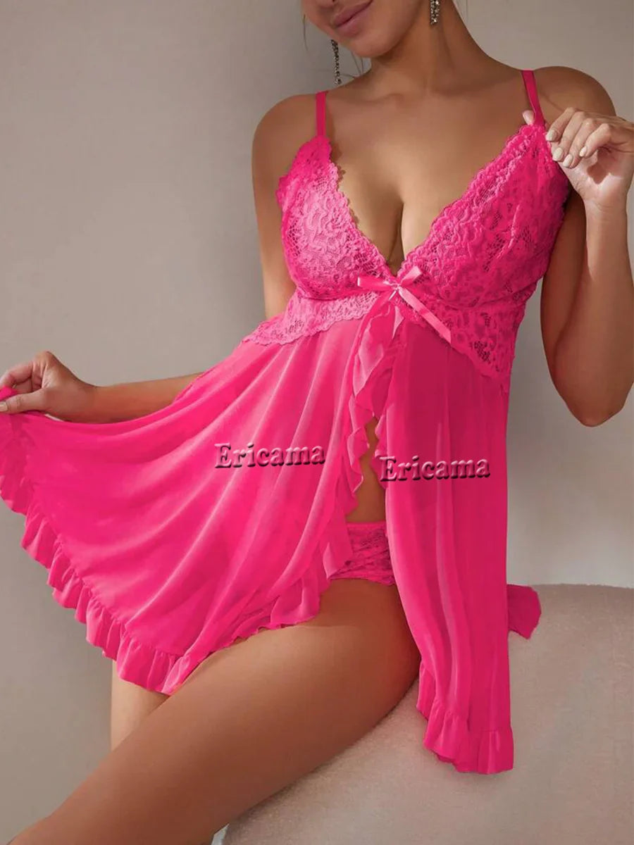 Solid Slip Nightdress Contrast Lace Round Neck Backless Sleep Mini Dress & Dresses