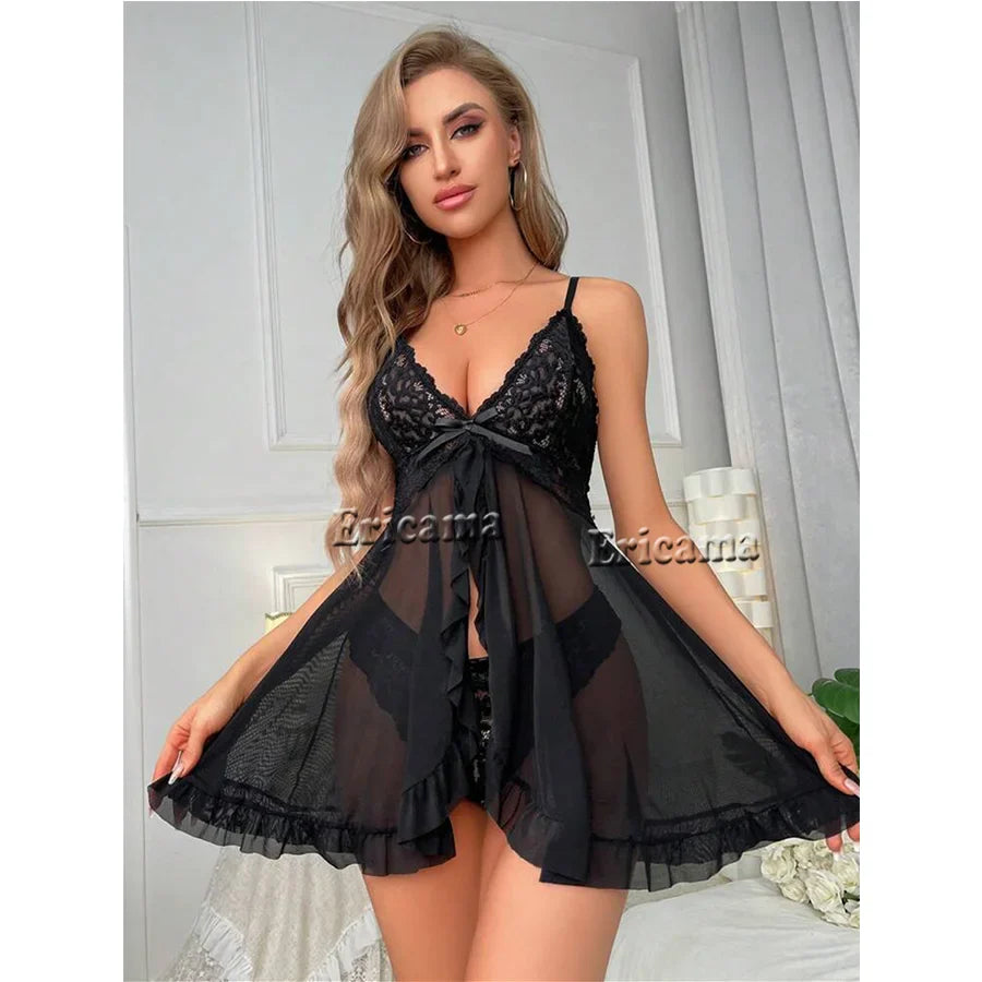 Solid Slip Nightdress Contrast Lace Round Neck Backless Sleep Mini Dress & Dresses