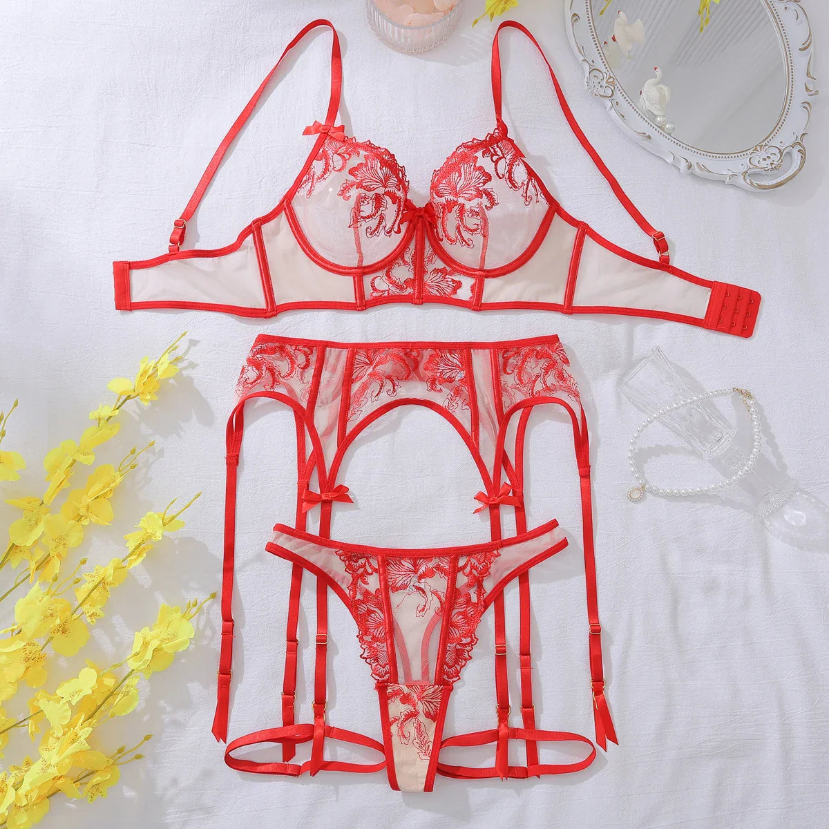 Ultra Thin Transparent Flower Embroidered Underwear 4-piece Set Romantic Erotic Exquisite Fairy Set