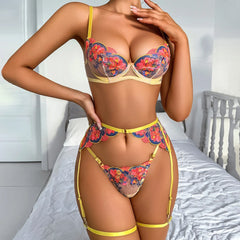Underwear and Spicy Full Flower Beautiful Underwear Close fitting Underwear Four Piece Set