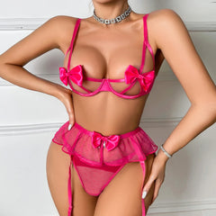 temptation three-point pink bow decoration hollow out shaping split