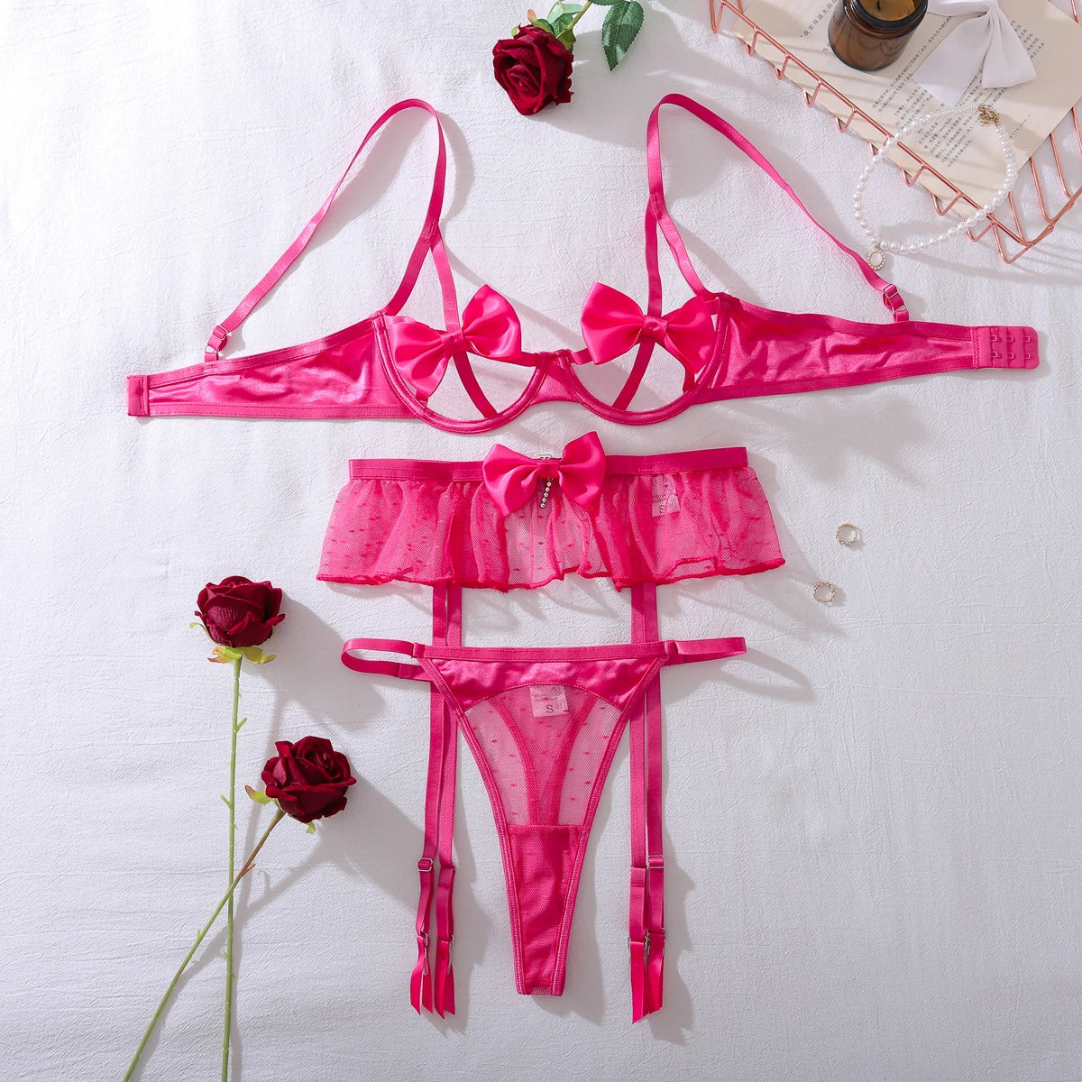 temptation three-point pink bow decoration hollow out shaping split