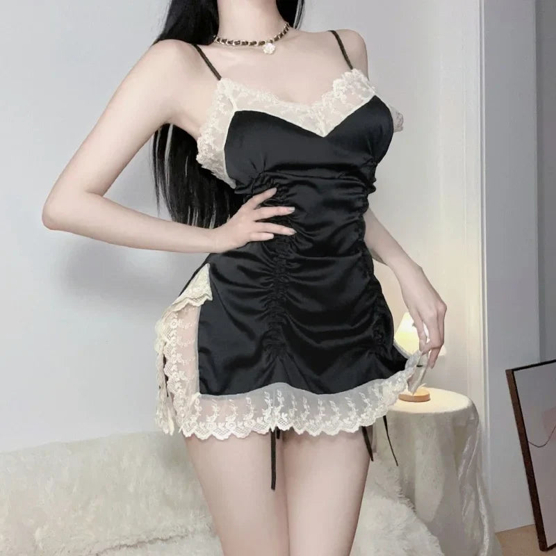 Short Style Slit Comfortable French Lace Lace Camisole Underwear Satin Nightgown Passionate Uniform Set