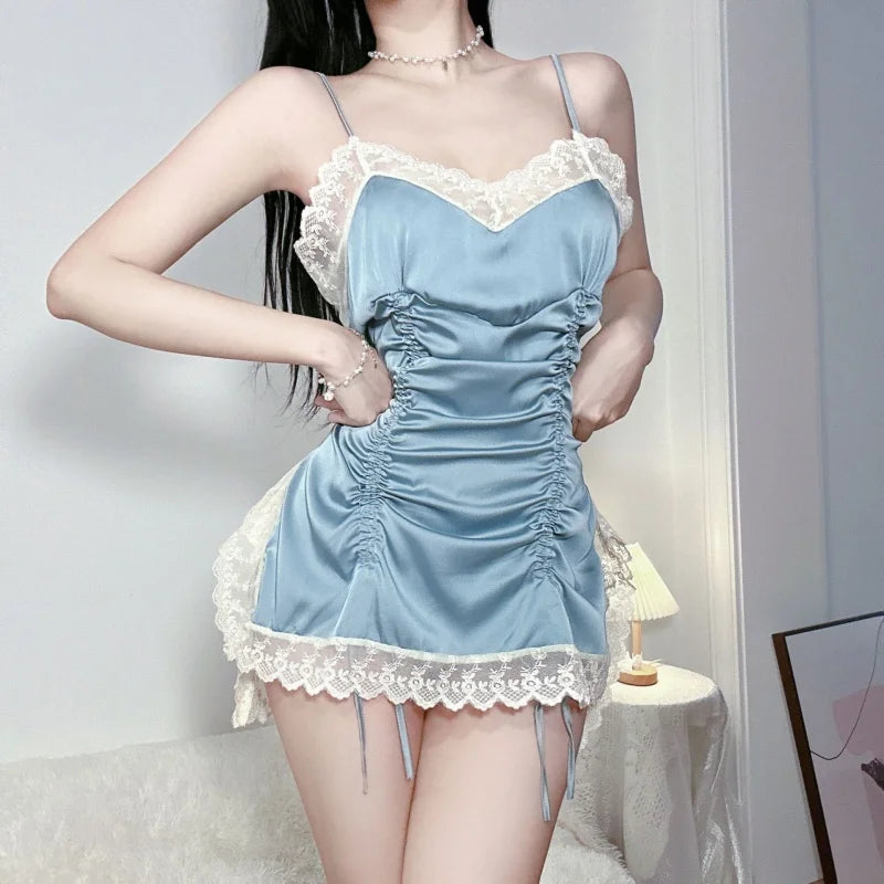 Short Style Slit Comfortable French Lace Lace Camisole Underwear Satin Nightgown Passionate Uniform Set