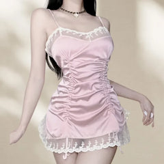 Short Style Slit Comfortable French Lace Lace Camisole Underwear Satin Nightgown Passionate Uniform Set