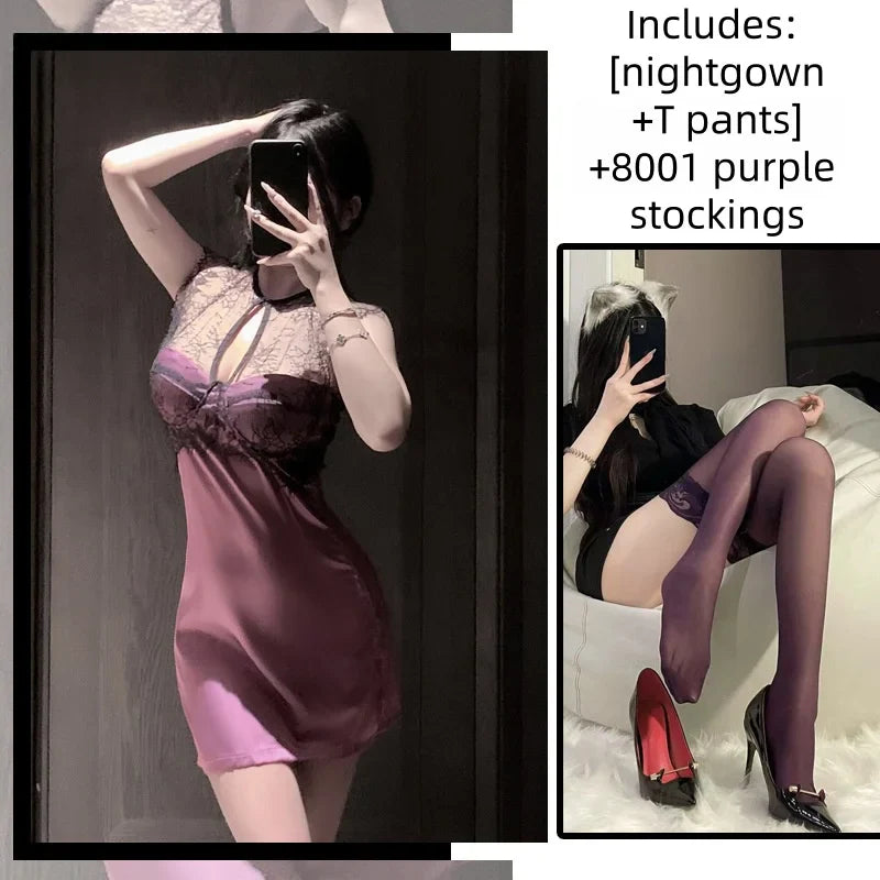 Sleeveless Backless Deep V Temptation Flirtatious Lace Mesh Nightgown Cinched Waist Purple Satin Sheer Hip Hugging Skirt