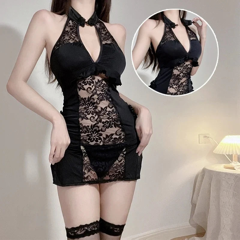 Sleeveless Gauze Temptation Flirtatious Cheongsam Uniform Seductive Erotic Lingerie Deep V Lace Slit Nightgown Suit