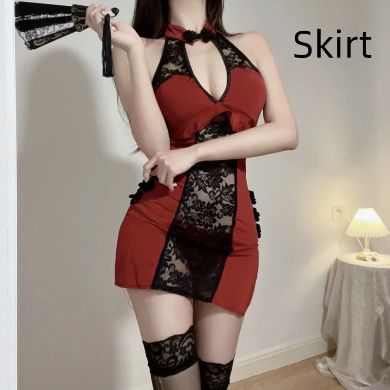 Sleeveless Gauze Temptation Flirtatious Cheongsam Uniform Seductive Erotic Lingerie Deep V Lace Slit Nightgown Suit