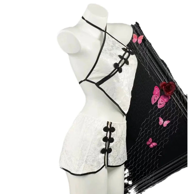 Sleeveless Two-piece Set Temptation Flirtatious Lingerie Chinese Style Neck Hanging Cheongsam Backless Lace Short Skirt Hot