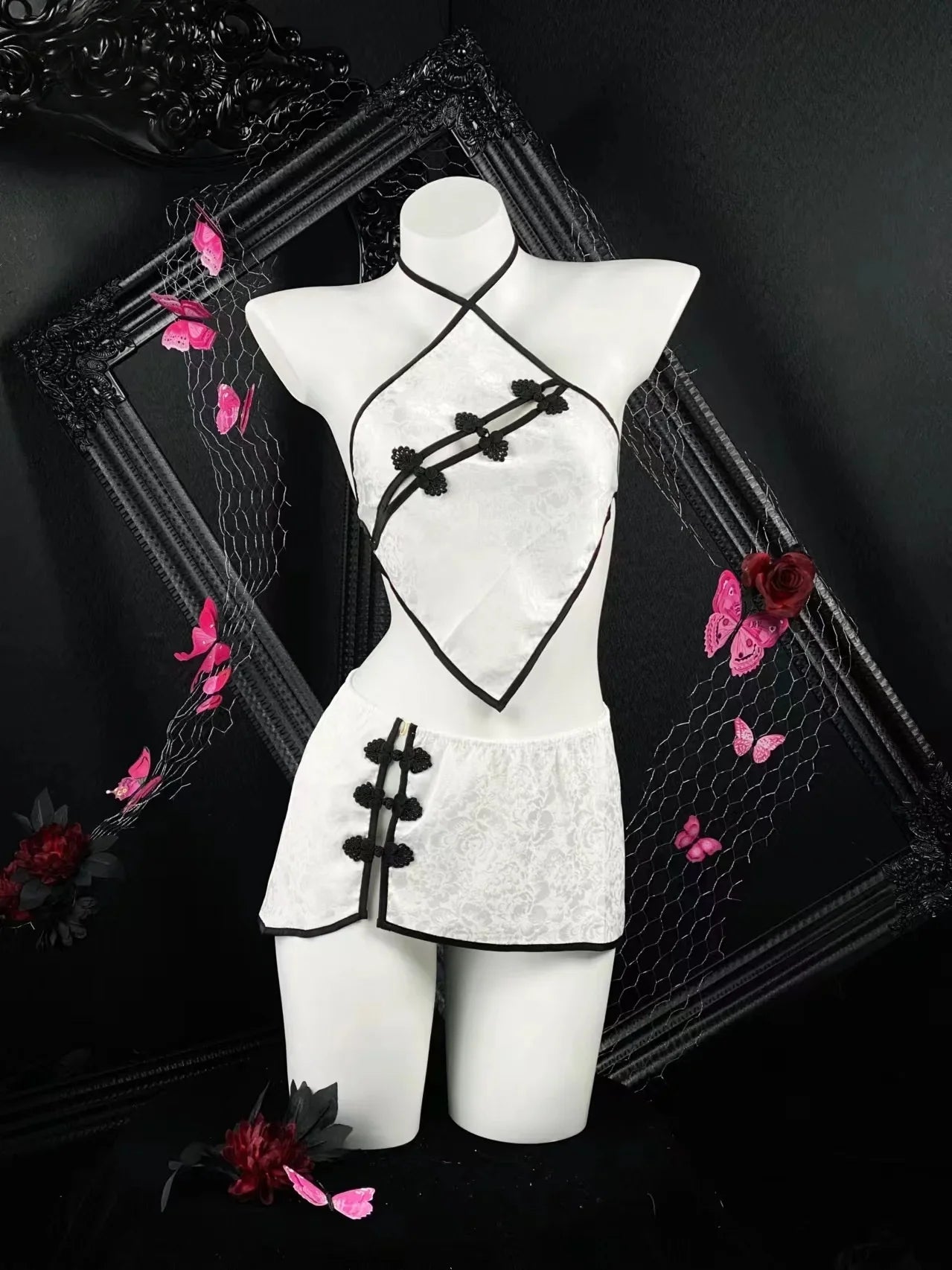 Sleeveless Two-piece Set Temptation Flirtatious Lingerie Chinese Style Neck Hanging Cheongsam Backless Lace Short Skirt Hot