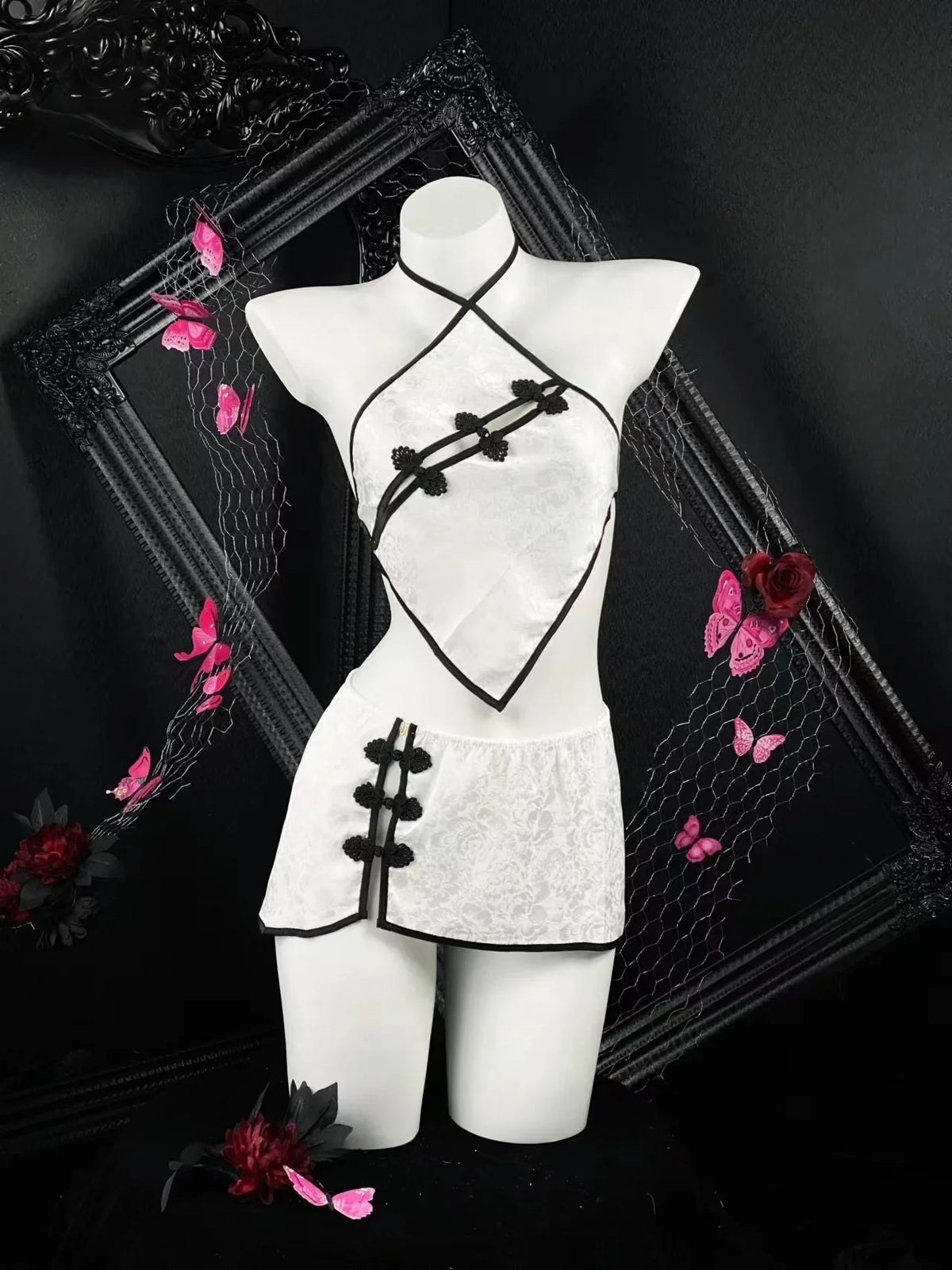 Sleeveless Two-piece Set Temptation Flirtatious Lingerie Chinese Style Neck Hanging Cheongsam Backless Lace Short Skirt Hot