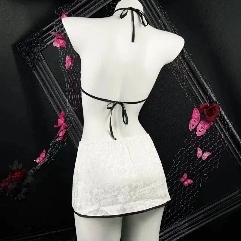 Sleeveless Two-piece Set Temptation Flirtatious Lingerie Chinese Style Neck Hanging Cheongsam Backless Lace Short Skirt Hot
