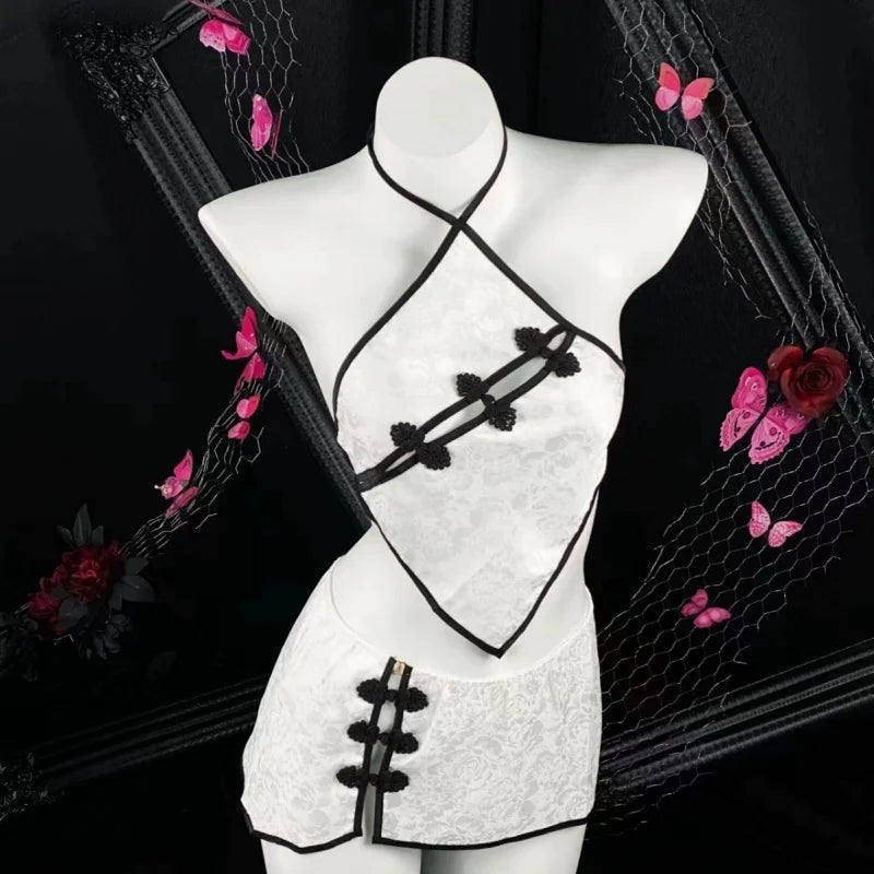 Sleeveless Two-piece Set Temptation Flirtatious Lingerie Chinese Style Neck Hanging Cheongsam Backless Lace Short Skirt Hot