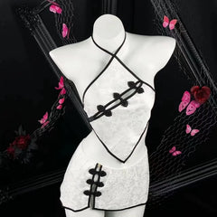 Sleeveless Two-piece Set Temptation Flirtatious Lingerie Chinese Style Neck Hanging Cheongsam Backless Lace Short Skirt Hot