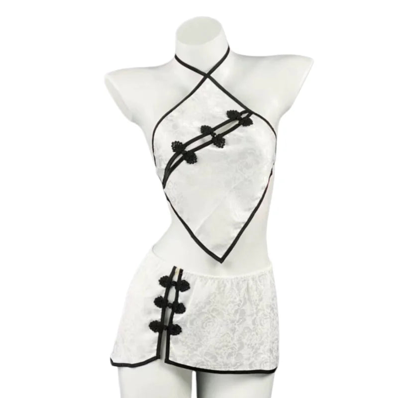 Sleeveless Two-piece Set Temptation Flirtatious Lingerie Chinese Style Neck Hanging Cheongsam Backless Lace Short Skirt Hot