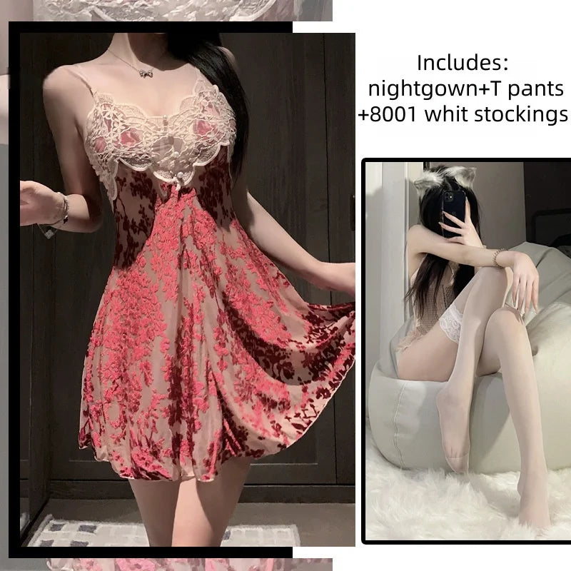 Slim Fit Comfortable Lace Summer Mesh Backless Sleeveless Nightgown Suspender Dress with Chest Cushion Lingerie Home Wear