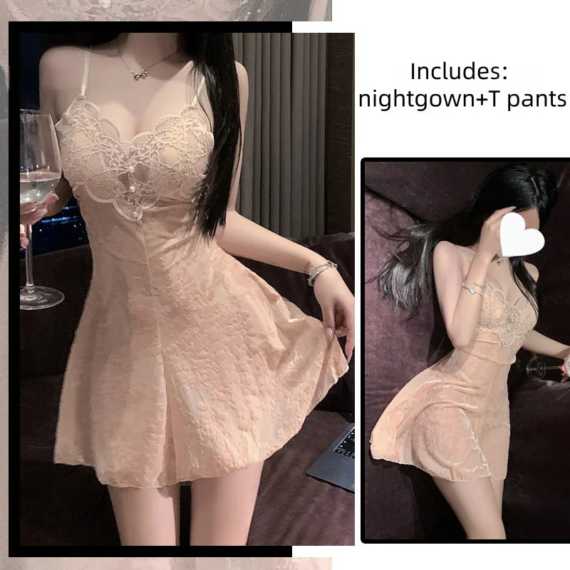 Slim Fit Comfortable Lace Summer Mesh Backless Sleeveless Nightgown Suspender Dress with Chest Cushion Lingerie Home Wear