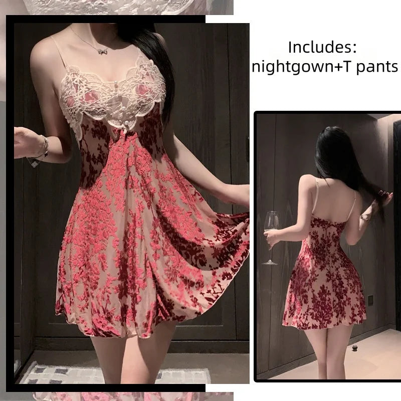 Slim Fit Comfortable Lace Summer Mesh Backless Sleeveless Nightgown Suspender Dress with Chest Cushion Lingerie Home Wear