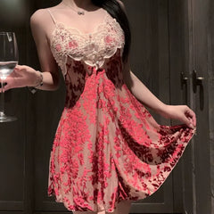 Slim Fit Comfortable Lace Summer Mesh Backless Sleeveless Nightgown Suspender Dress with Chest Cushion Lingerie Home Wear