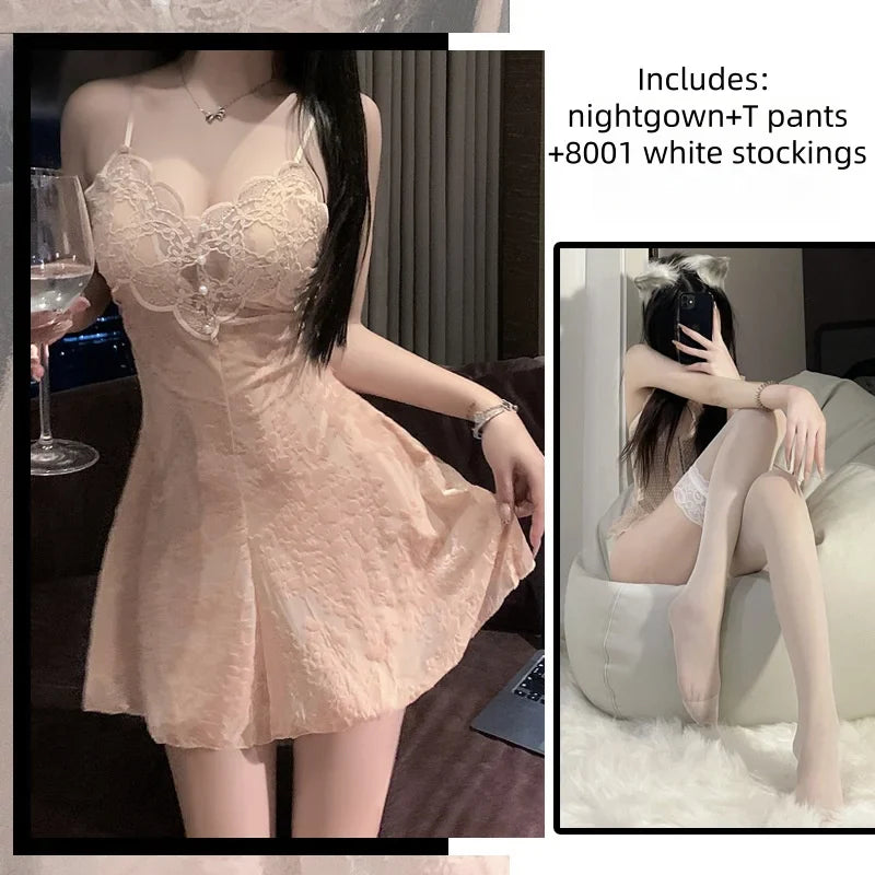 Slim Fit Comfortable Lace Summer Mesh Backless Sleeveless Nightgown Suspender Dress with Chest Cushion Lingerie Home Wear