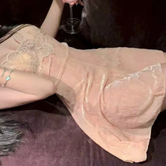 Slim Fit Comfortable Lace Summer Mesh Backless Sleeveless Nightgown Suspender Dress with Chest Cushion Lingerie Home Wear