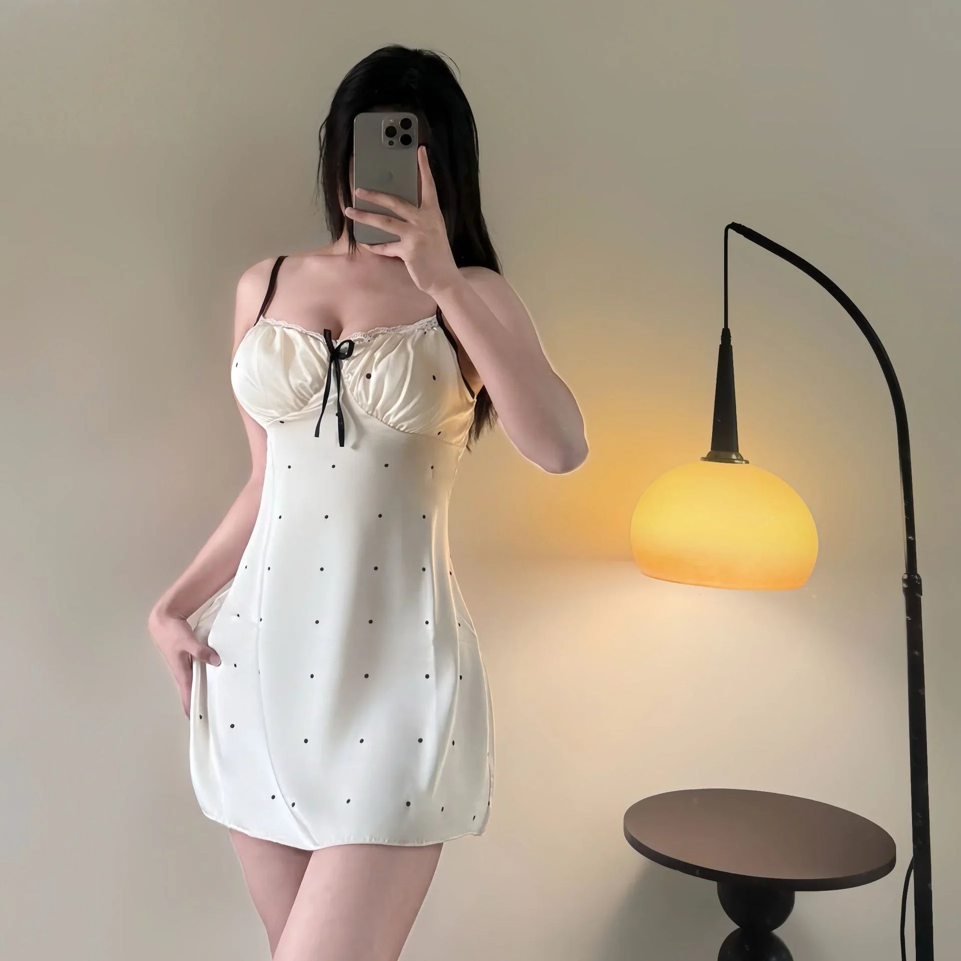 Slim Fit Comfortable Nightgown Sweet Printed Polka Dot Thin Design Summer Including Chest Cushion Playful Nightgown