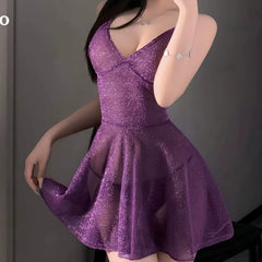 Slim Fit Comfortable Summer Sleeveless Nightdress Suspender Dress Lingerie Shiny Nightgown Temptation Set