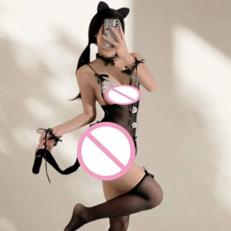 Slit CatExpose Chest Uniform Underwear Mesh Passionate Perspective Open End Non Detachment Set