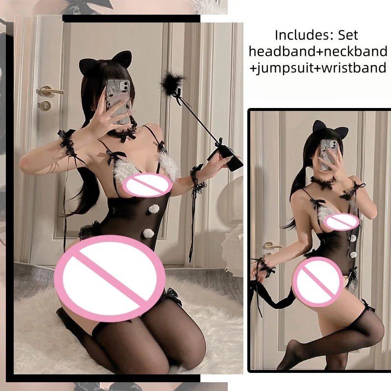 Slit CatExpose Chest Uniform Underwear Mesh Passionate Perspective Open End Non Detachment Set