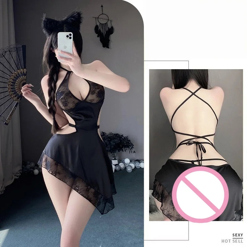 Slit Sleeveless Exposed Tight-fitting  Summer Lingerie Chinese Style Cheongsam Backless Lace Seductive Irregular Skirt