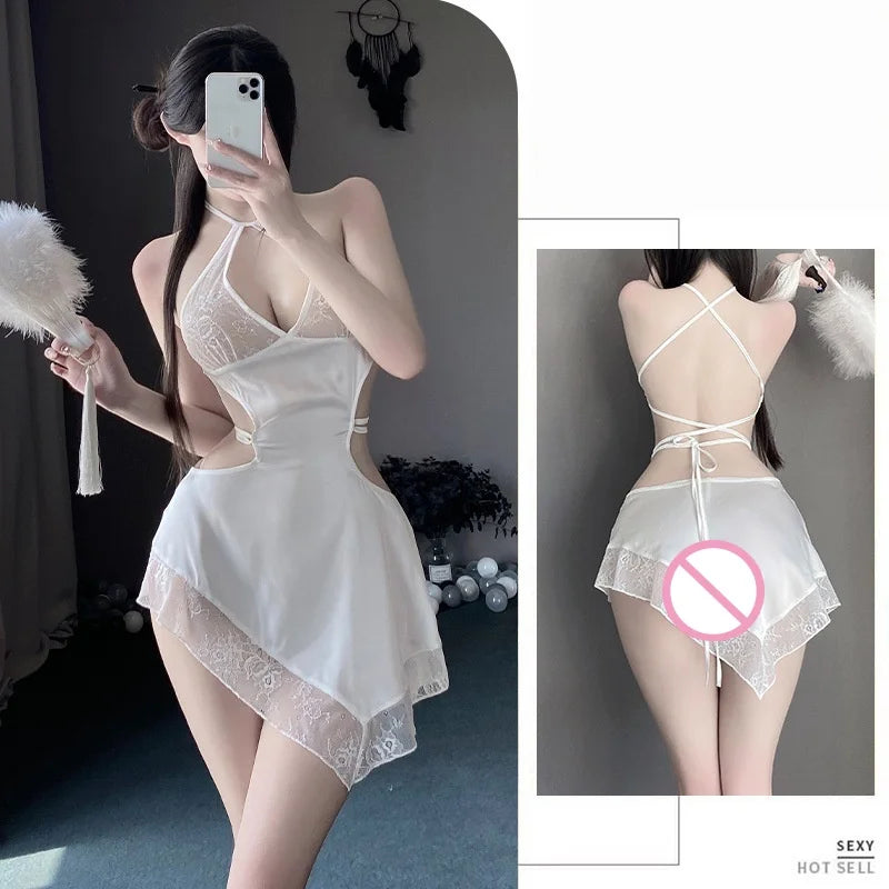 Slit Sleeveless Exposed Tight-fitting  Summer Lingerie Chinese Style Cheongsam Backless Lace Seductive Irregular Skirt