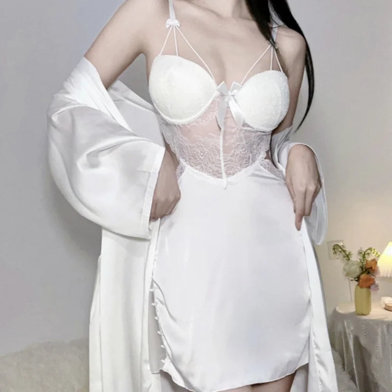 Summer Backless Thin Version Suspender Dress Lace Perspective Seductive Nightgown Erotic Lingerie Home Wear