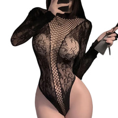 Summer Seductive Stand Up Collar Lace Up Backless Jumpsuit Mesh Tempting Tight Fitting Elastic Fun Mesh