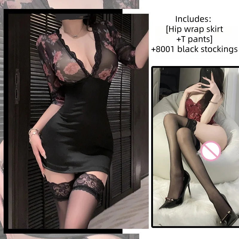 Summer Tight-fitting Temptation Ripe Lace See Through Hip Hugging Skirt Secretary Rose Print Deep V Erotic Lingerie