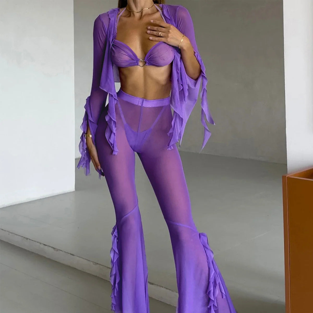Summer Four Piece Solid Color Mesh Open Skirt Mini Beach Wear Holiday Travel Dress Long Pants Set